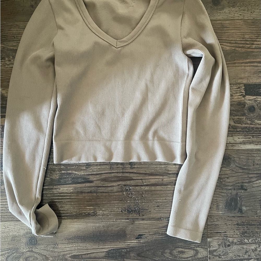 V-Neck Ribbed Long Sleeve Top - Beige